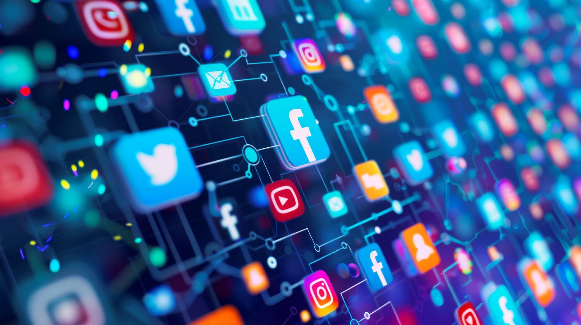 A digital illustration of various social media logos connected by glowing lines against a deep blue, networked background.