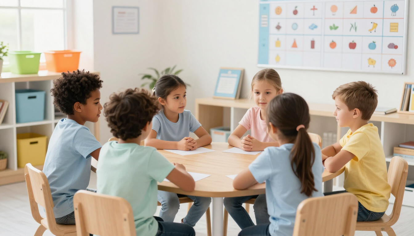 Children sitting around a classroom table during a group activity, with colorful educational posters on the wall.