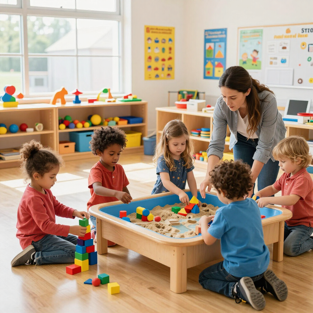 Children play with blocks around a teacher at a classroom table.