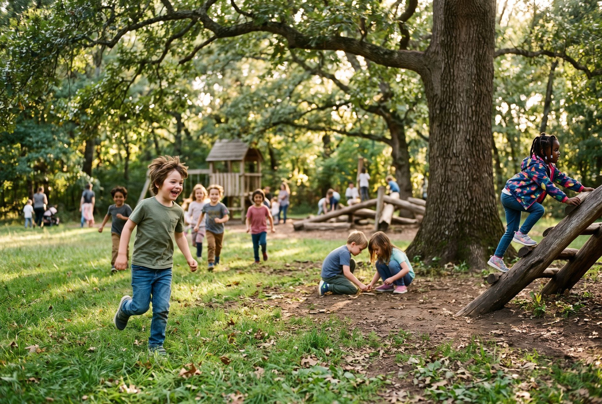 Children playing in a sunny park with trees and grass, near a wooden climbing structure