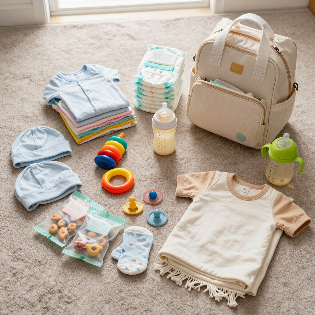 Baby essentials laid out on carpet: clothes, diapers, bottles, toys, and a small backpack diaper bag