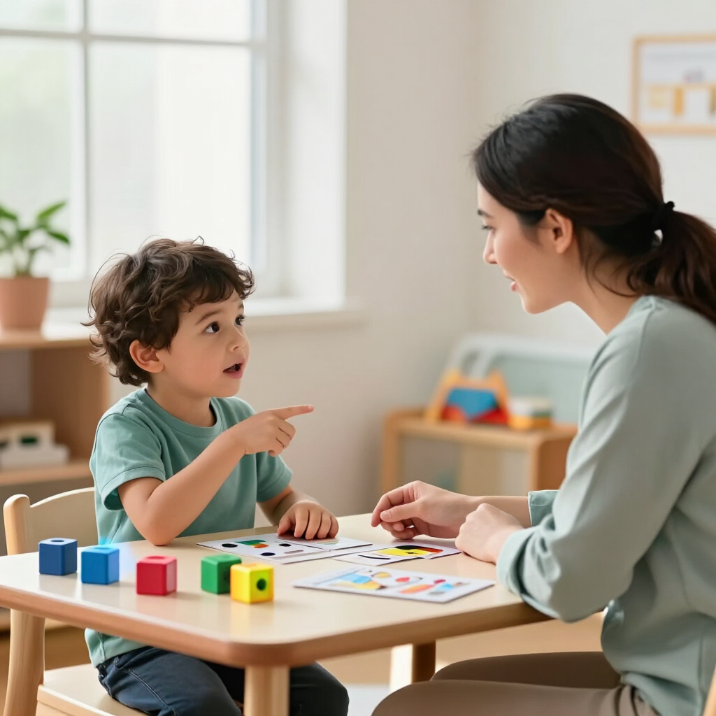 Adult and child at a table playing with colorful blocks and cards in a bright room