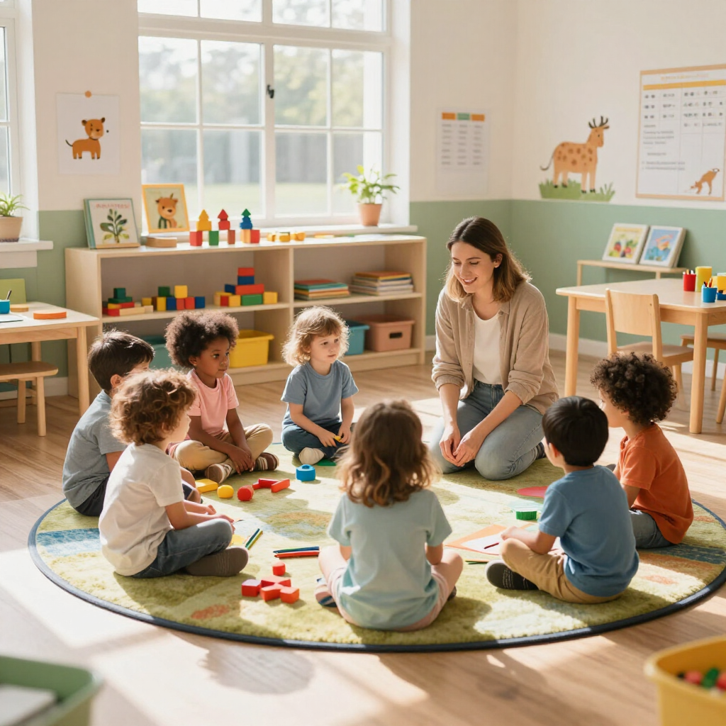 Teacher and children sitting in a bright classroom, playing with blocks on a round rug near shelves and a window