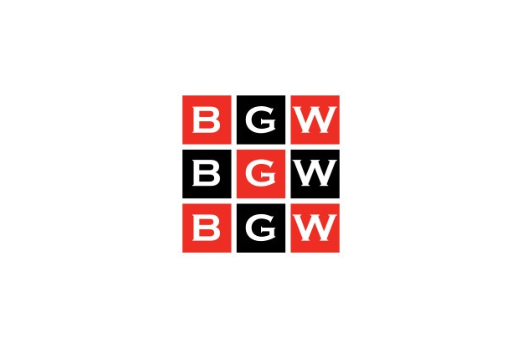 BGW letters in a 3x3 grid of red, black, and gray squares on a white background