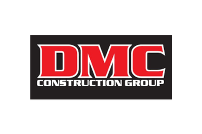 DMC Construction Group logo in red, white, and black on a dark background