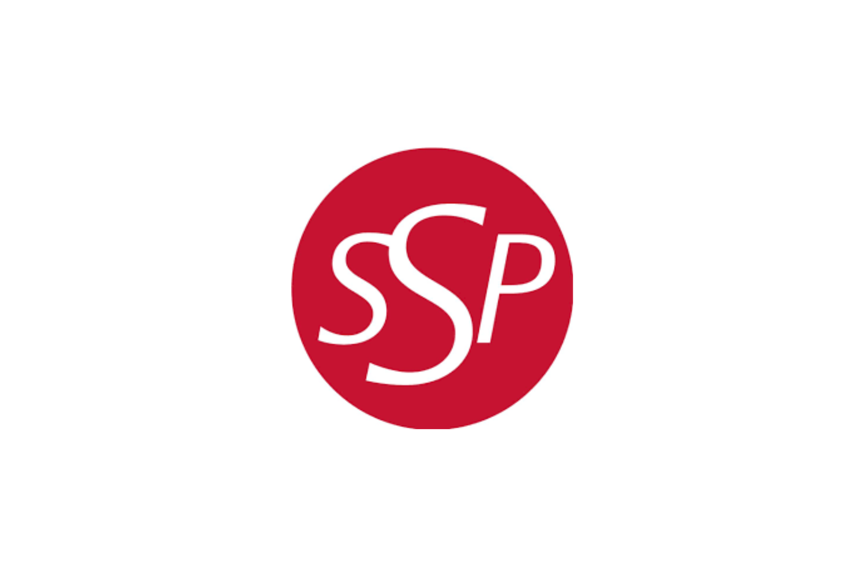 Red circle logo with white stylised letters “SSP” on a white background