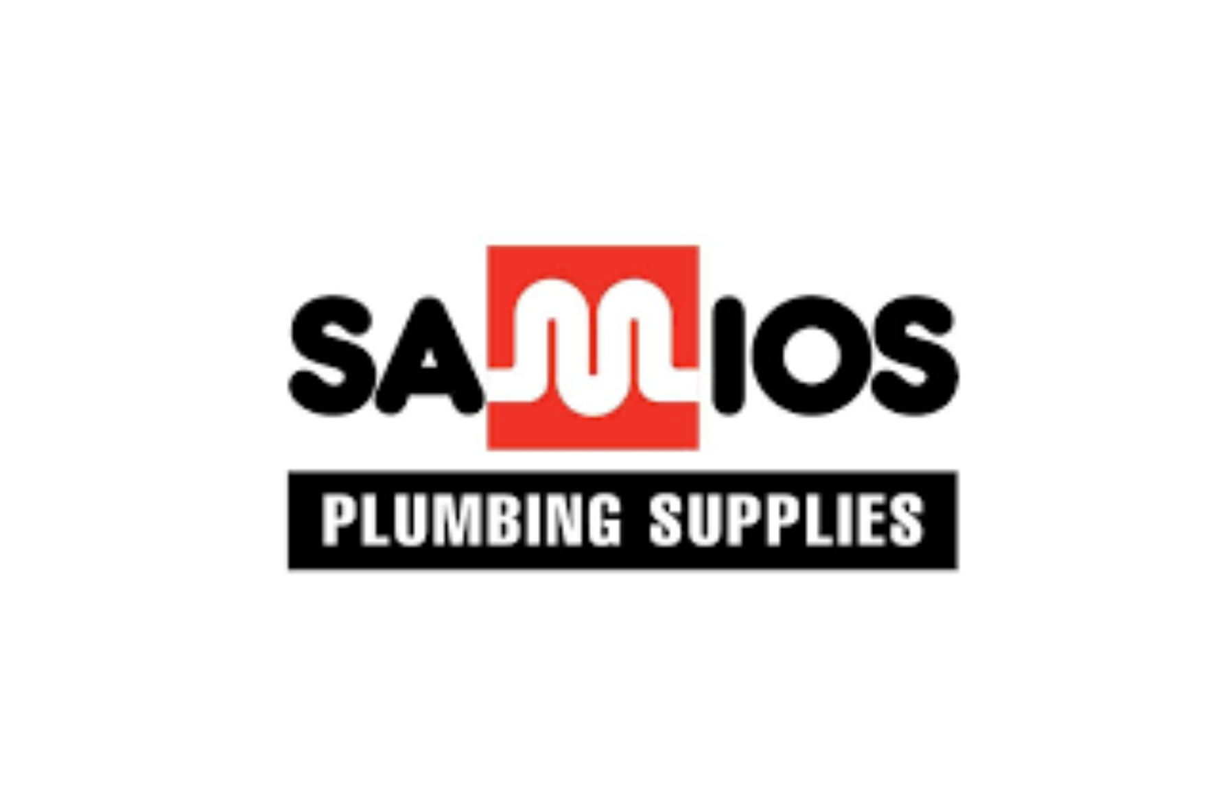 Samios Plumbing Supplies logo in black and red on a white background