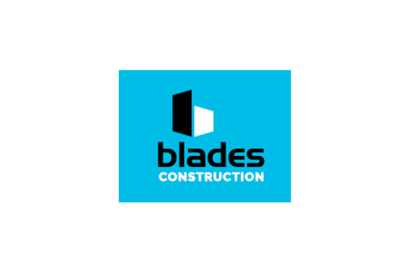 Blades Construction logo on a cyan square background with black and white icon and text