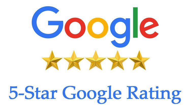 Google logo with five gold stars and text