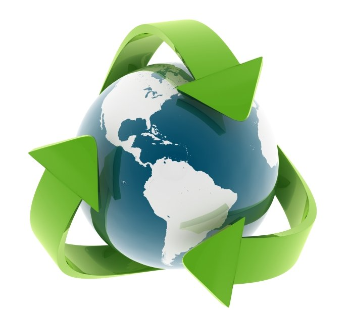 Globe encircled by green recycling arrows.