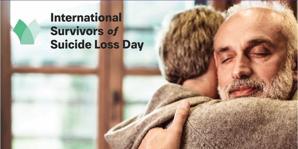 A man hugging another man with text next to them that says: International Survivors of Suicide Loss