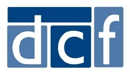Blue and white “dcf” logo with stylized lowercase letters in rounded square blocks