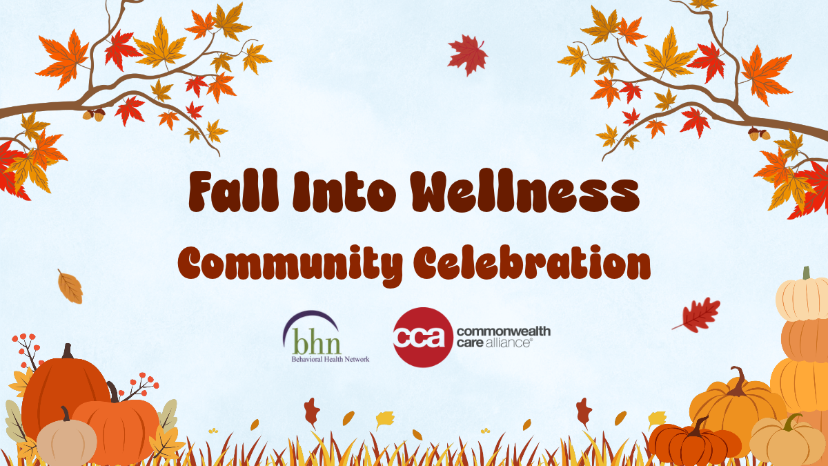 Information about BHN's Fall Into Wellness Celebration with fall leaves surrounding the info.
