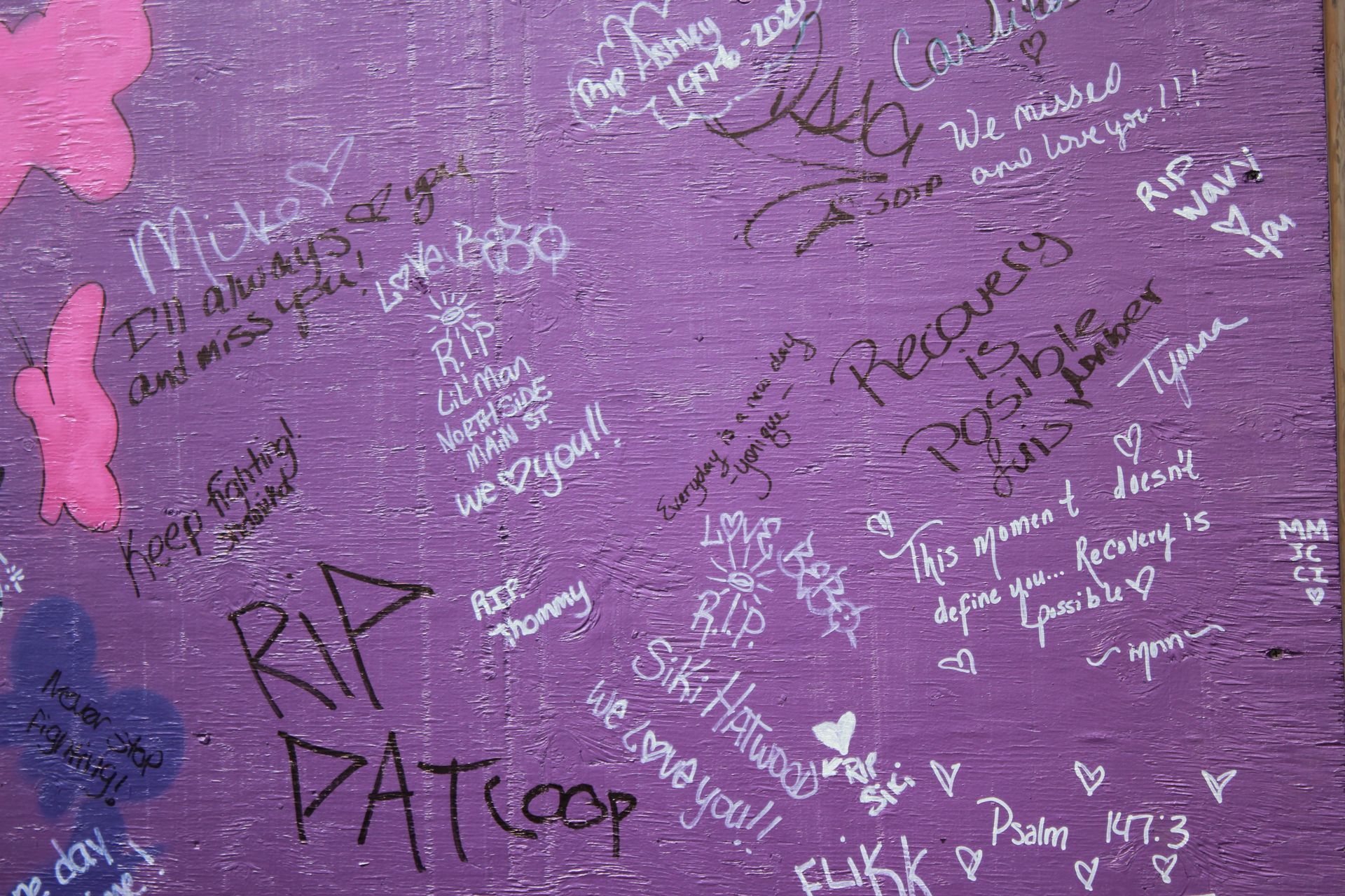Heartfelt messages and messages in honor of lost loved ones written on the purple board for BHN's International Overdose Awareness Day event.