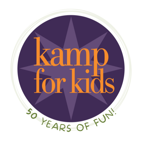 Kamp For Kids logo in purple and orange with “50 years of fun!” around a star emblem