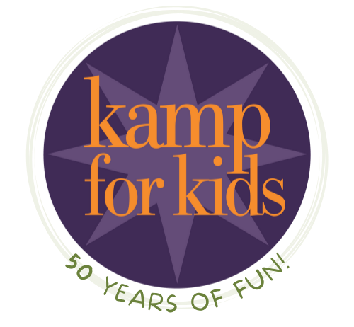 Kamp for Kids logo in purple and orange with a starburst and “50 Years of Fun!” text