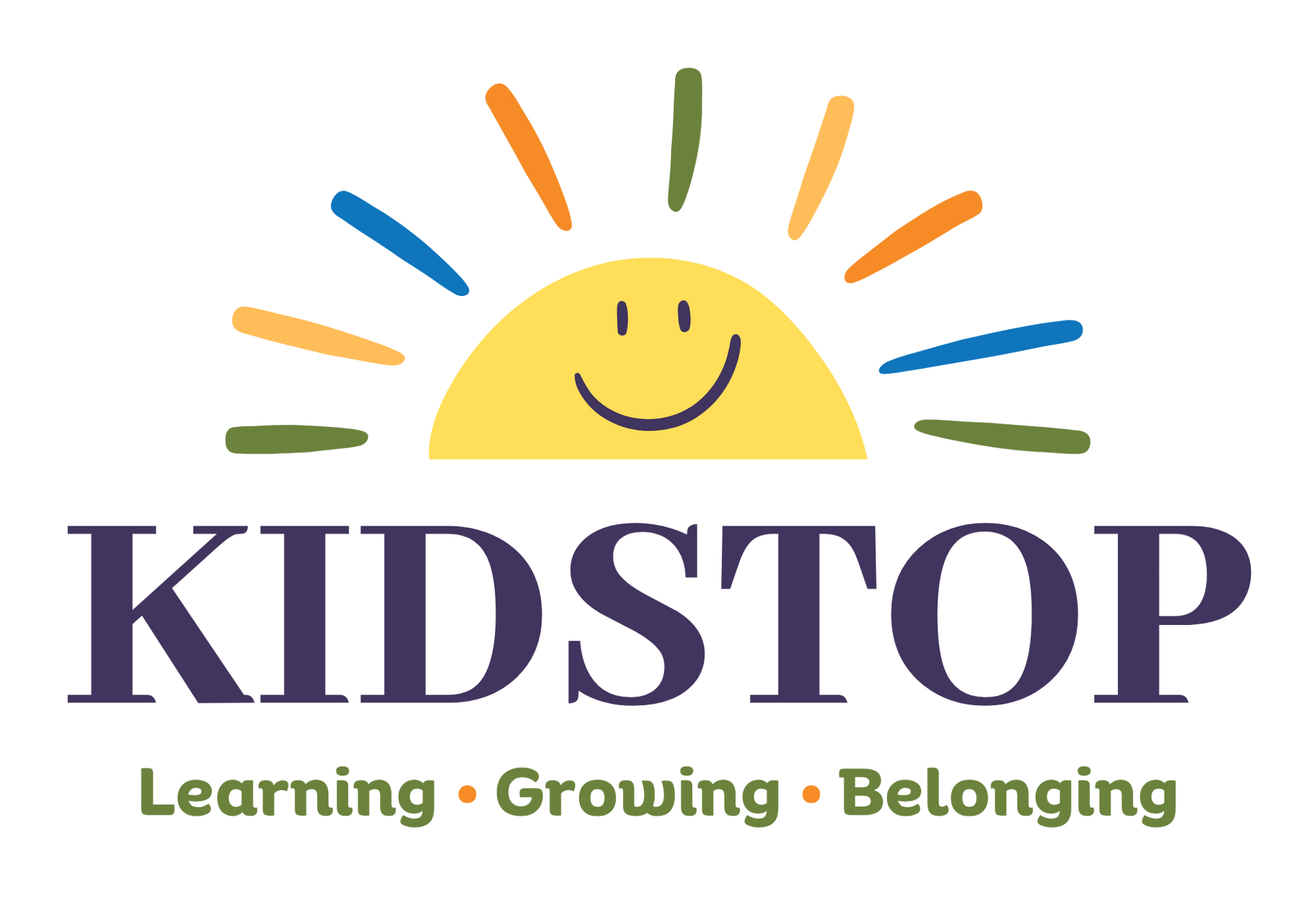 The BHN KIDSTOP logo which features a cartoon image of a smiling sun with the words Learning, Growing, and Belonging.