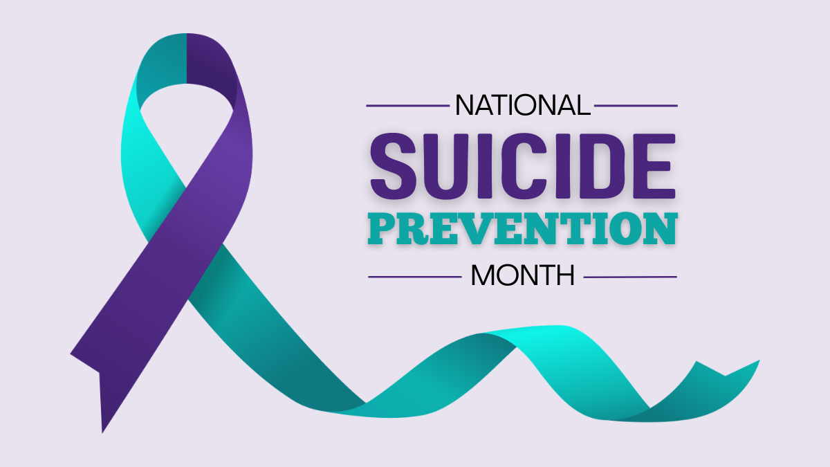 A blue and purple ribbon next to text that says, 