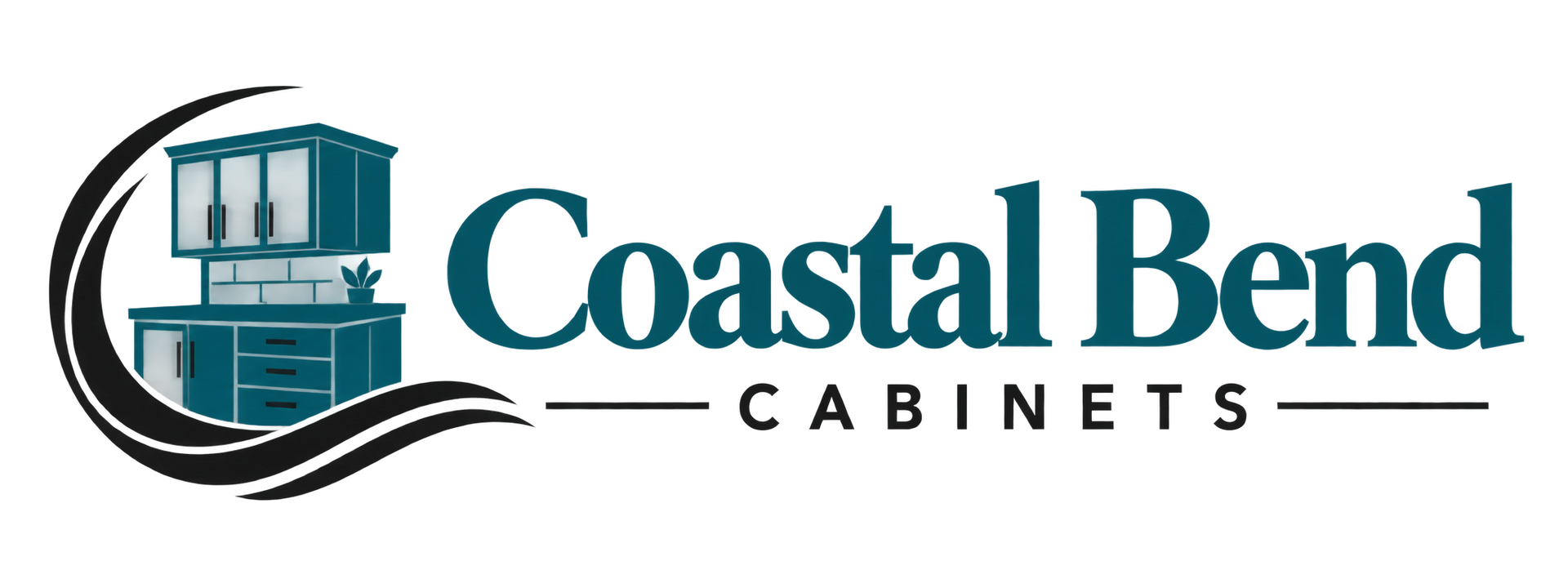 Coastal Bend Cabinets logo with teal cabinetry icon and black wave underline
