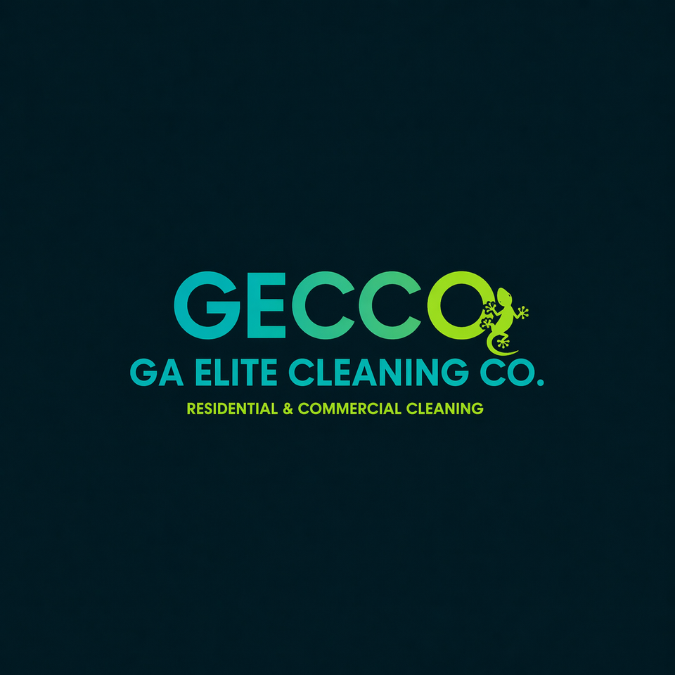 GECCO GA Elite Cleaning Co. logo in teal and lime on a dark background, with residential and commercial cleaning text