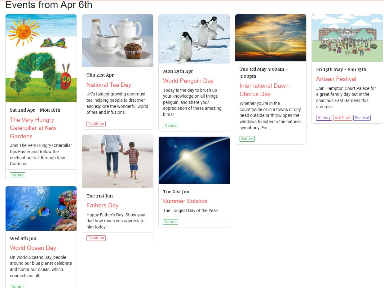 Events presented as individual cards with images