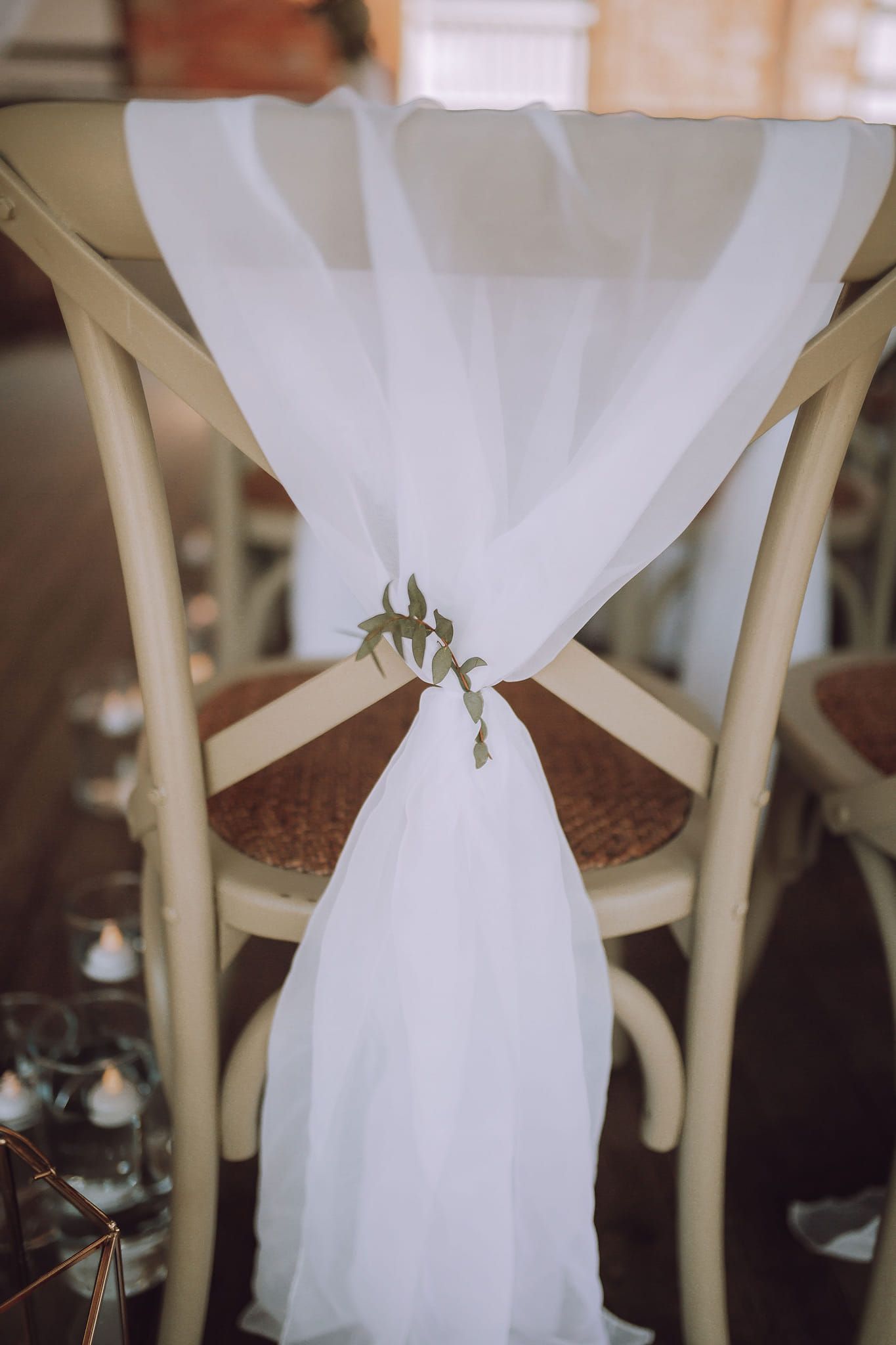 wedding chair decor, aisle chair, chiffon drape, eucalyptus