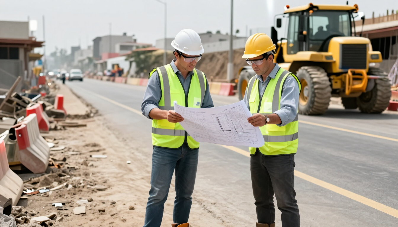 Dos trabajadores de carretera con chalecos reflectantes y cascos estudiando unos planos junto a una obra vial