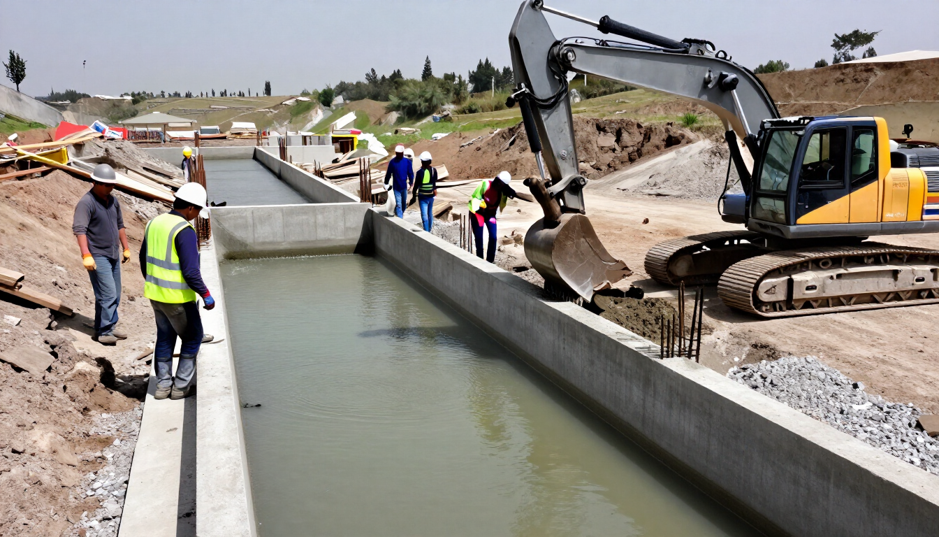 Obreros y una excavadora construyen un canal de riego de hormigón en una zona rural árida