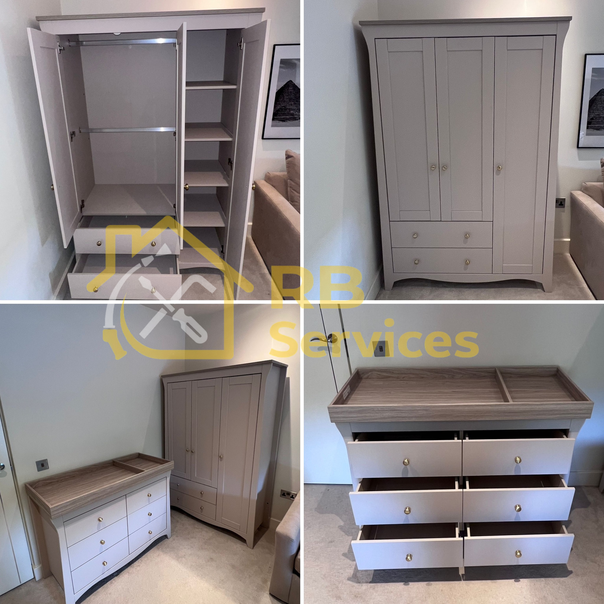 A CuddleCo changing table and triple wardrobe assembled