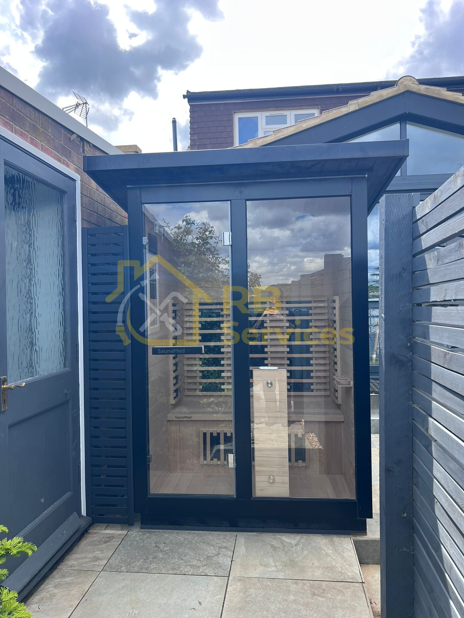 Outdoor sauna cabin assembled