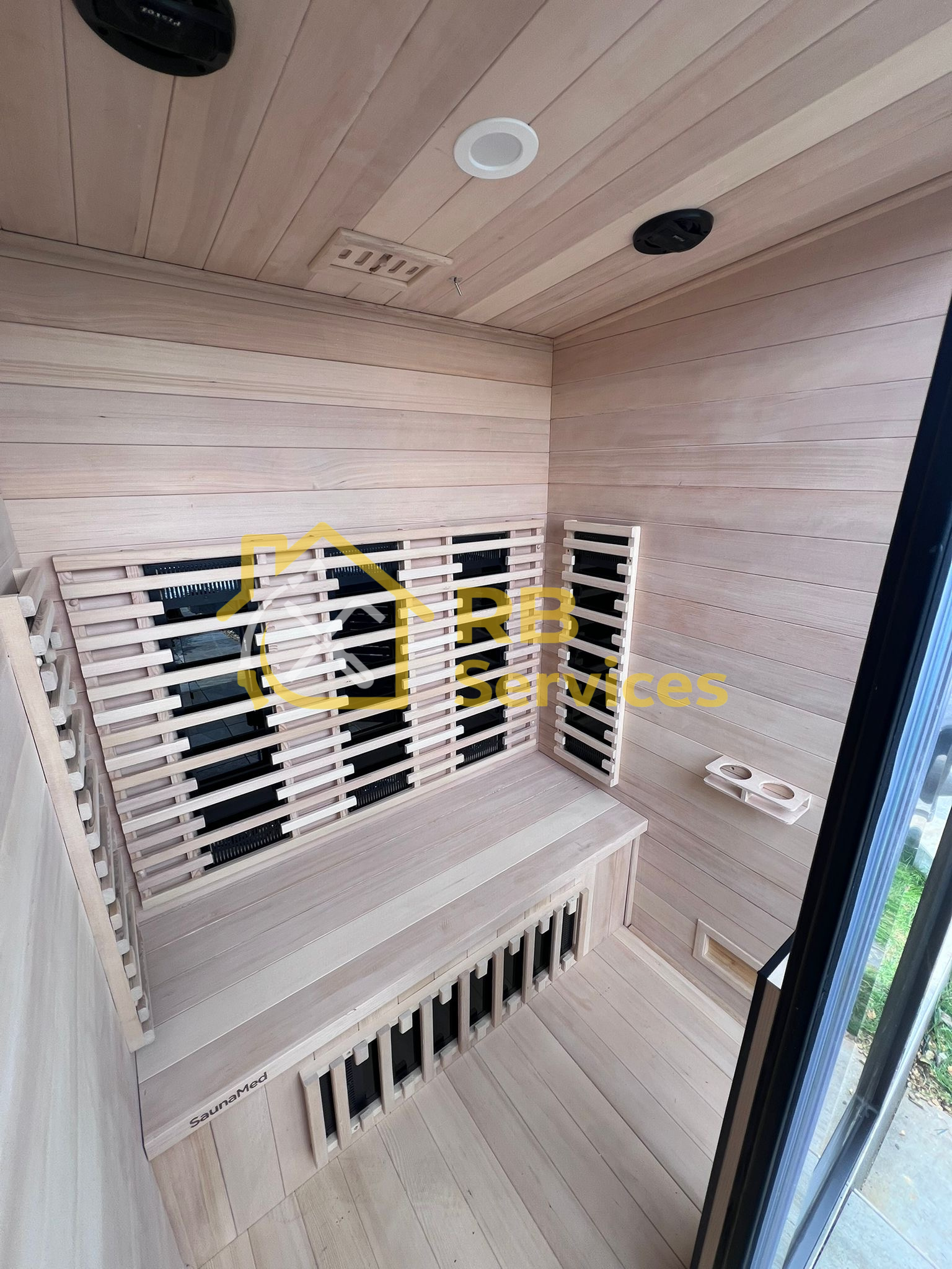 Outdoor sauna cabin assembled