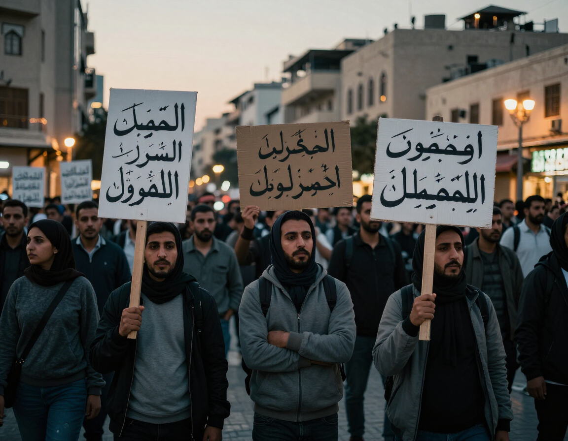 Protest in a Middle Eastern city at dusk