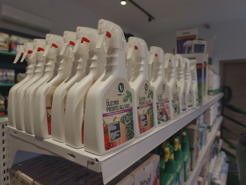 Flaconi di detergente spray bianco allineati su uno scaffale di un negozio, nel reparto dei prodotti per la pulizia.