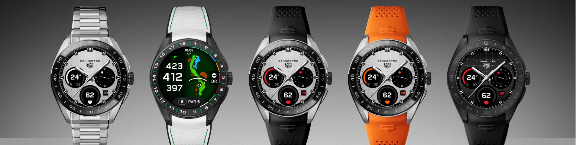 Vijf smartwatches met verschillende bandkleuren: zilver, wit, zwart, oranje en zwart.