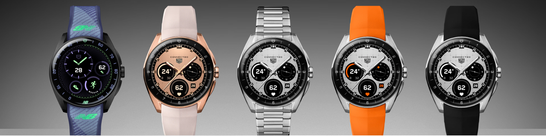 Vijf horloges op een rij, elk met een bandje in een andere kleur: blauw, roze, zilver, oranje en zwart.