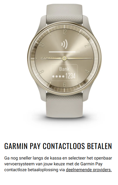Garmin-horloge met een betaalscherm. Het horloge is goudkleurig met een grijze band en tekst in het Nederlands.