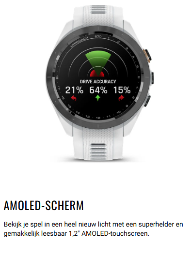 Witte smartwatch die golfstatistieken weergeeft op het AMOLED-touchscreen.