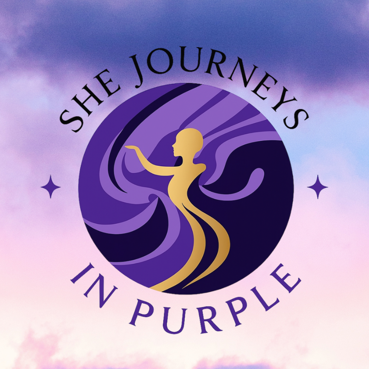 Logo reading “She Journeys in Purple” with a gold dancer silhouette on a purple circle background
