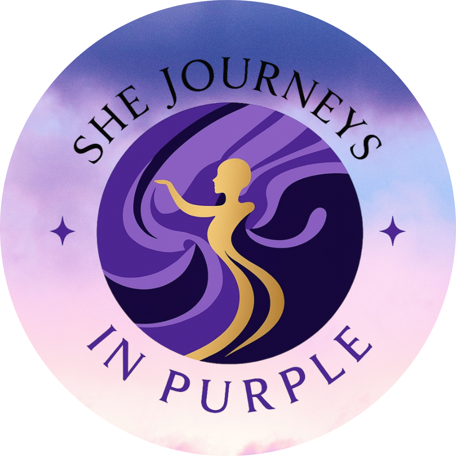 Logo with purple silhouette and text “She Journeys in Purple” on a pastel circle background