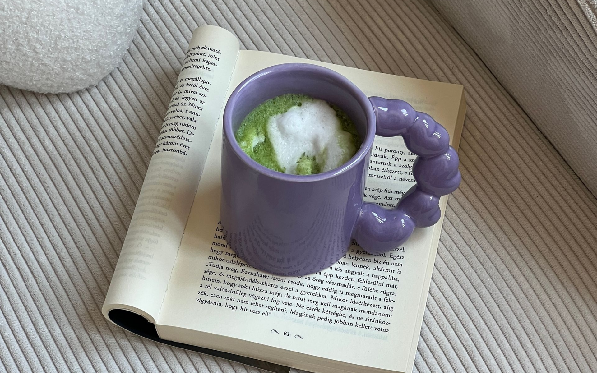 Purple mug of frothy green drink resting on an open book beside a couch