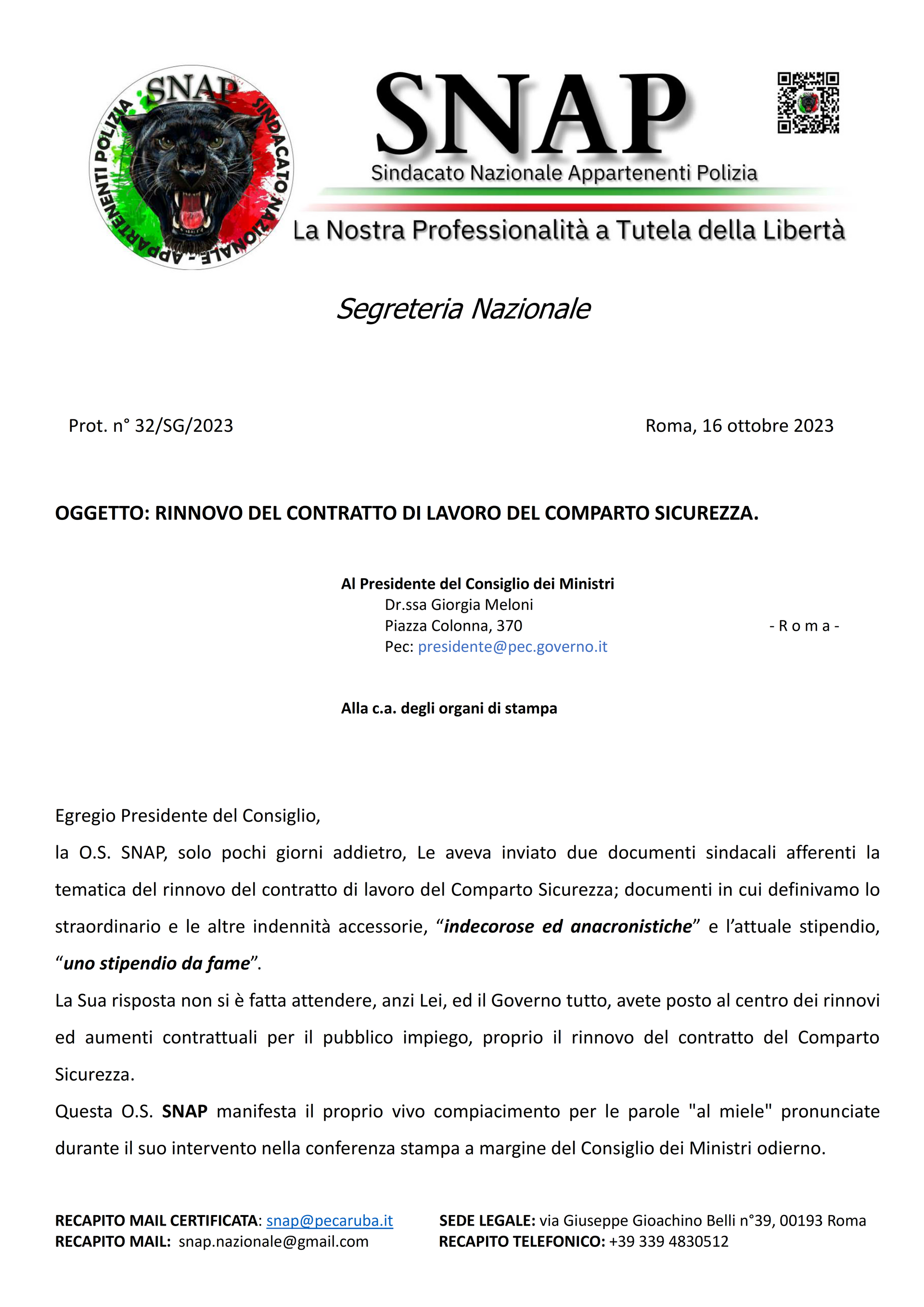 RINNOVO DEL CONTRATTO DI LAVORO DEL COMPARTO SICUREZZA.