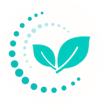 A green leaf is surrounded by circles on a white background.