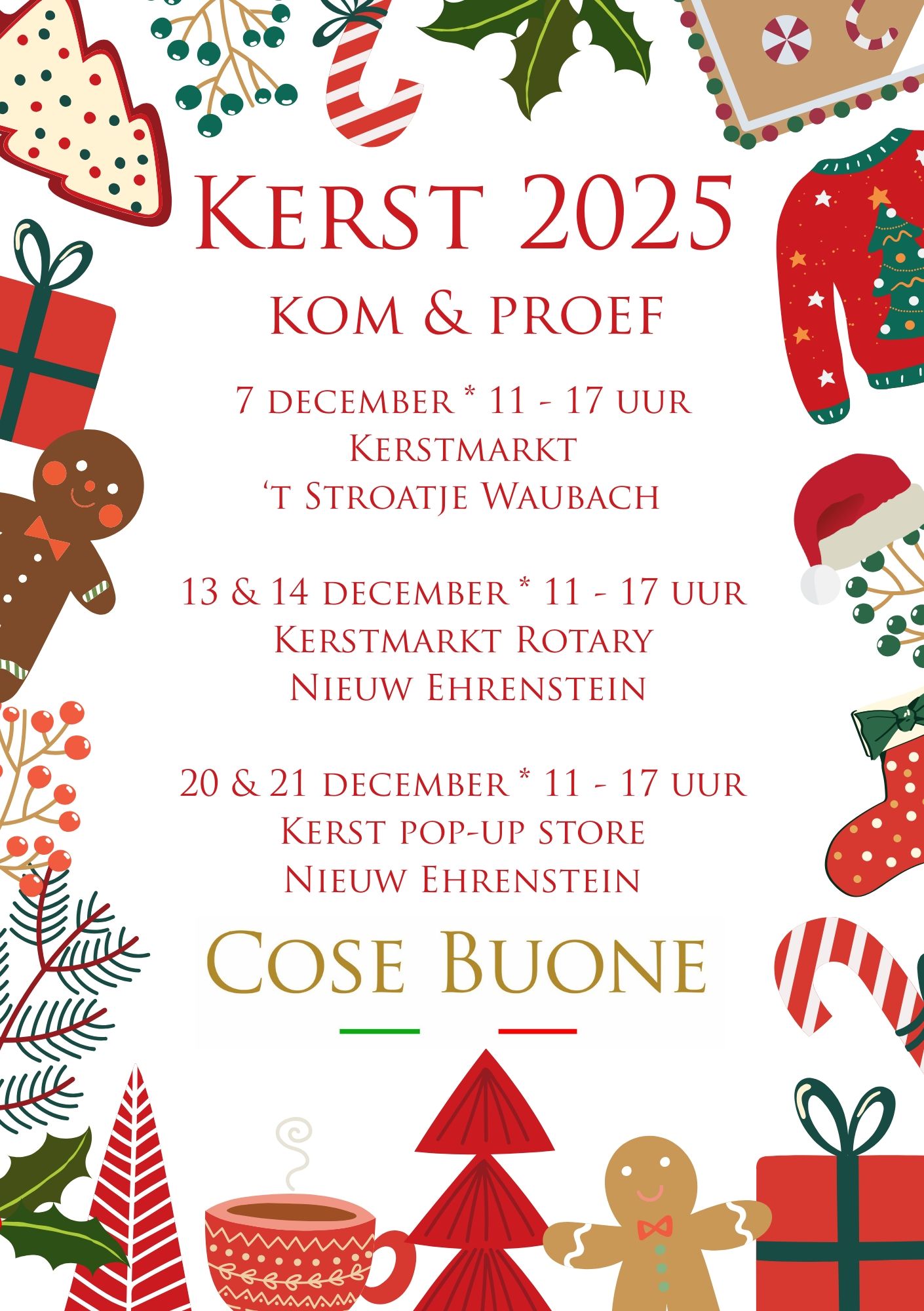 Flyer voor de kerstmarkt van 2025. Data, tijden en locaties in het Nederlands. Decoratieve rand met kerstelementen.