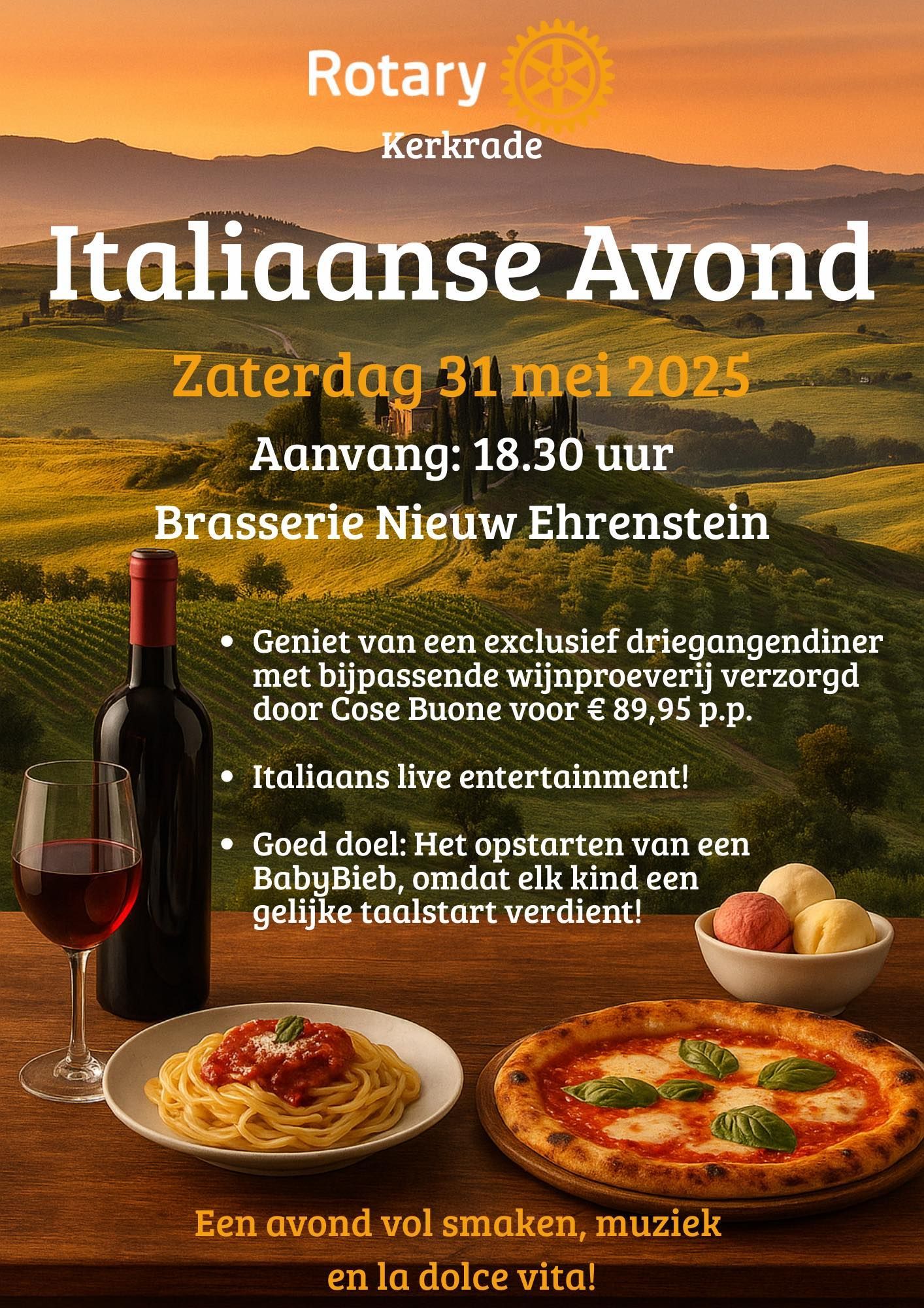 Poster voor een Italiaanse avond op 31 mei 2025 in Kerkrade. Met eten, wijn en live muziek.