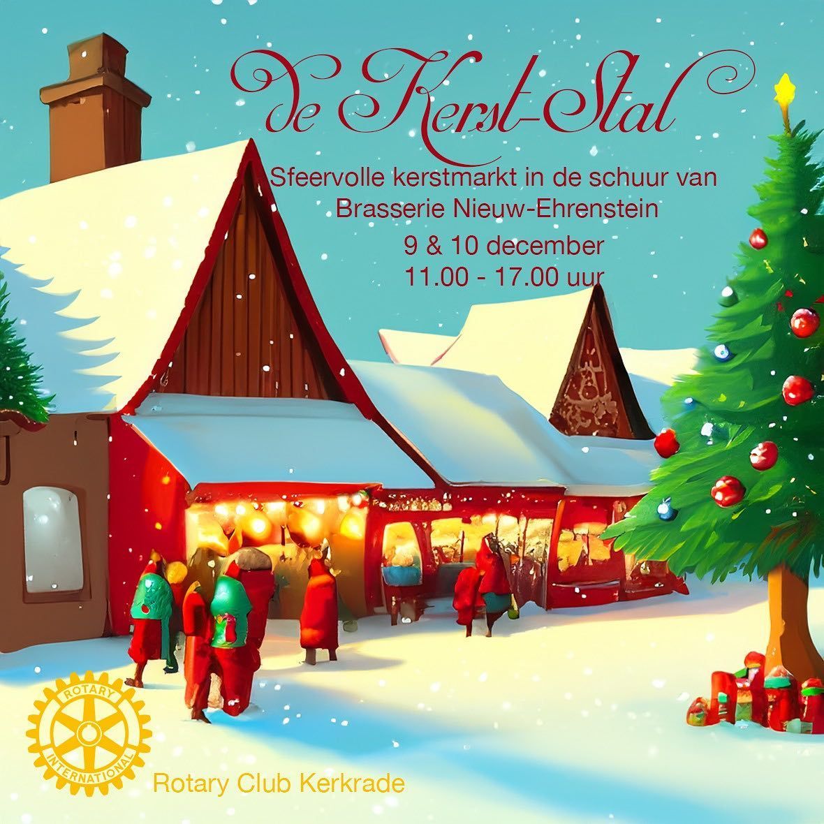 Poster voor een kerstmarkt buiten een gebouw met een kerstboom; Rotary Club Kerkrade, 9 en 10 december, 11:00 - 17:00.