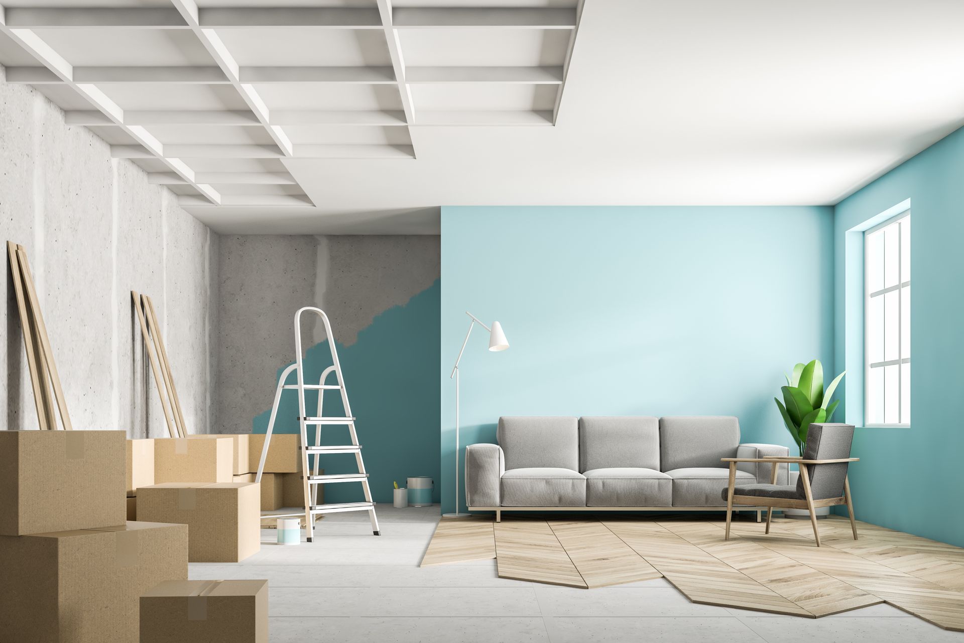 Bright living room mid-renovation with boxes, ladder, paint cans, and a gray sofa against a blue wall.