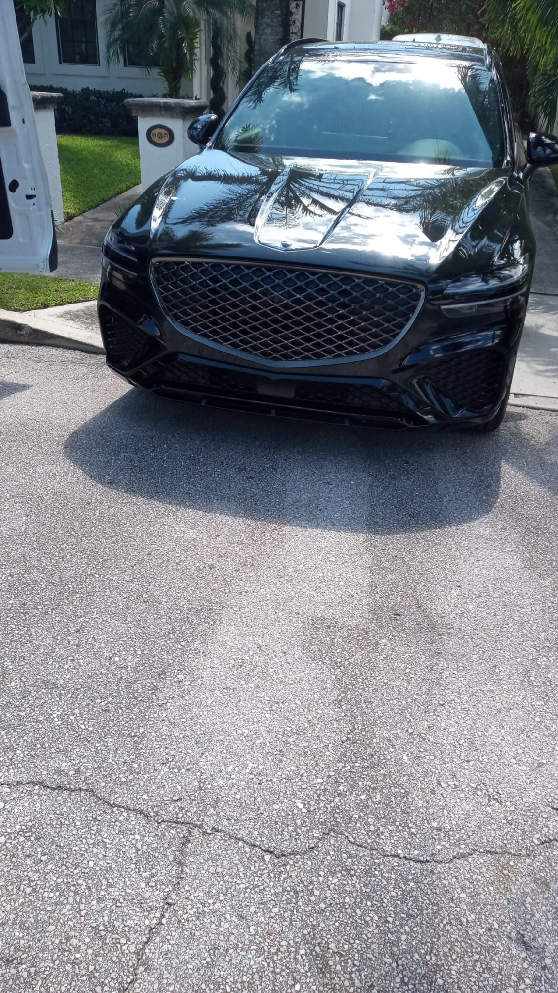 Black car parked in a driveway, front view with trees and a house in the background.
