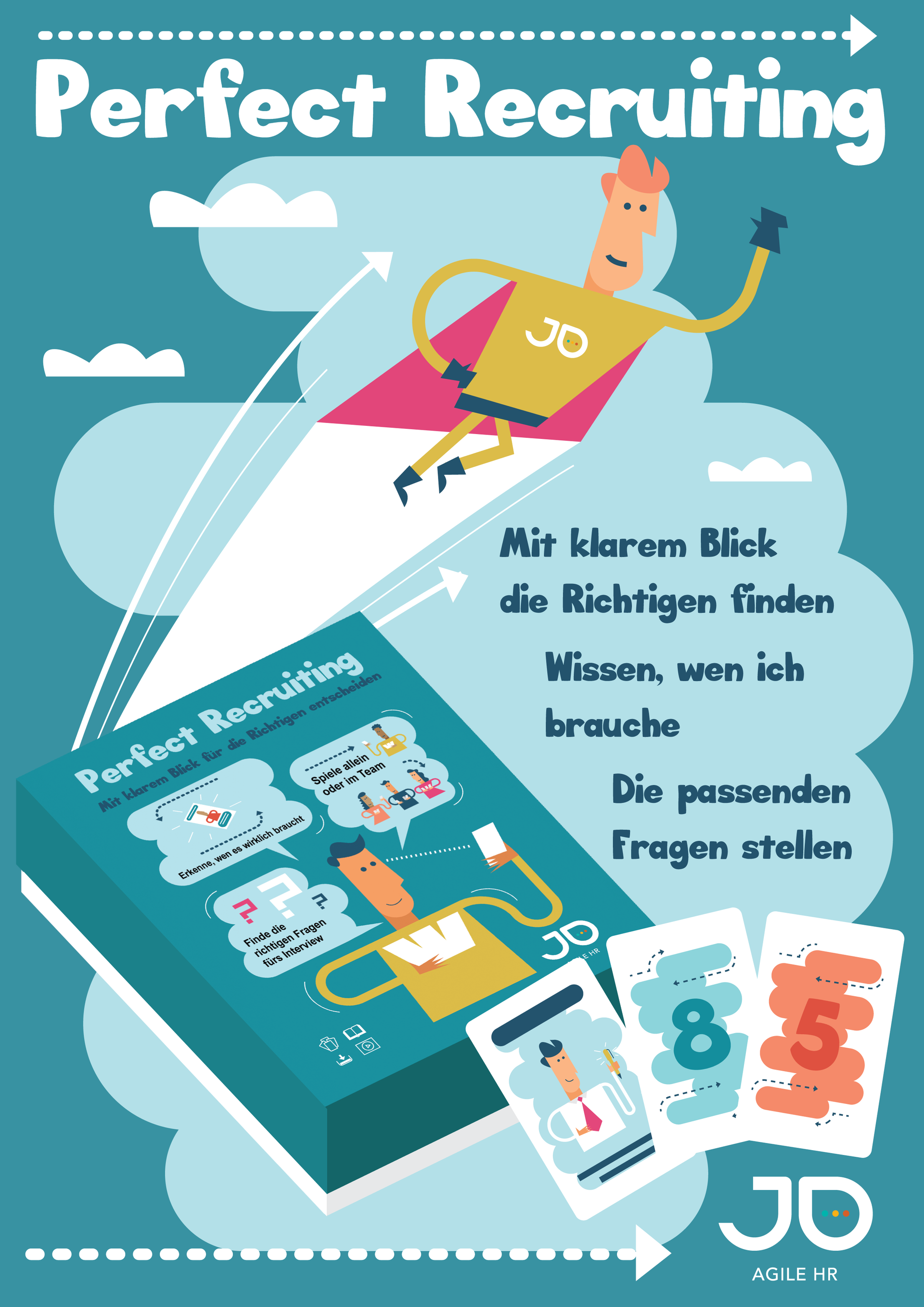 Bild Cover Spiel Perfect Recruiting, Superheld fliegt am Himmel. Daneben die Worte