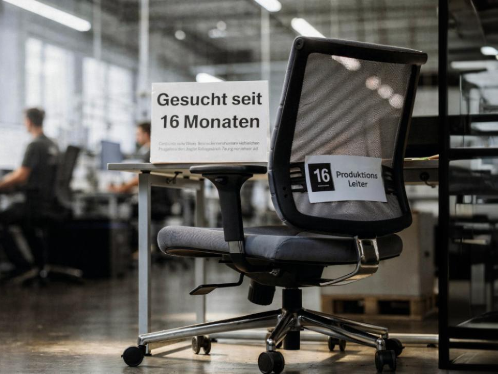 Leerer Bürostuhl mit Schild drauf im Großraumbüro. Auf dem Schild steht