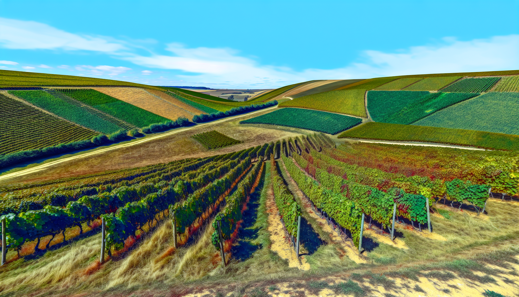 Une peinture d'un vignoble vert luxuriant avec un ciel bleu en arrière-plan.